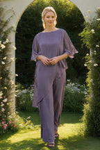 Mother of the Bride Chiffon Pantsuit Three Quarter Sleeves with Rhinestones