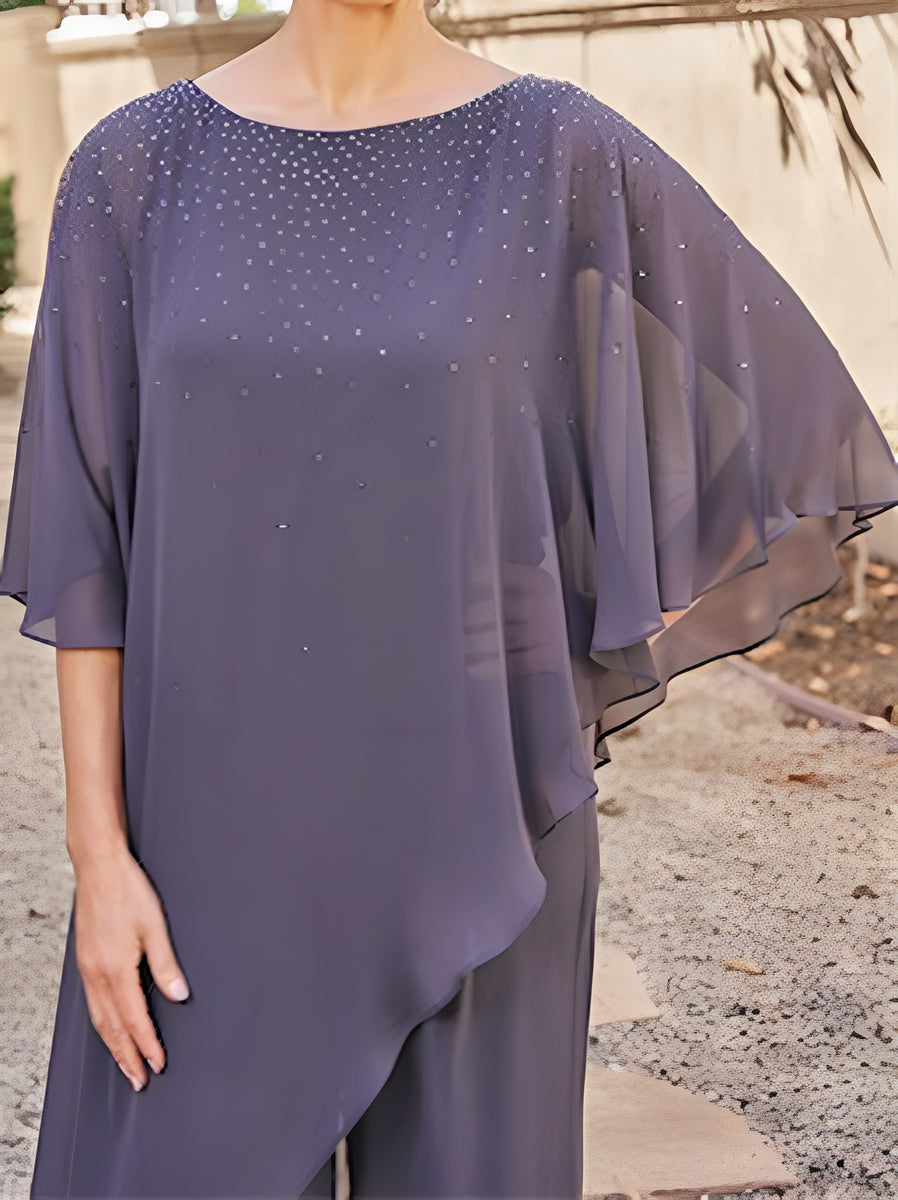 Mother of the Bride Chiffon Pantsuit Three Quarter Sleeves with Rhinestones