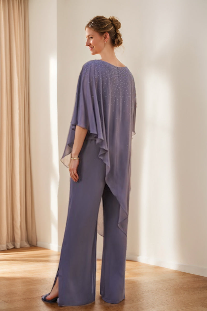 Mother of the Bride Chiffon Pantsuit Three Quarter Sleeves with Rhinestones