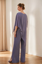 Mother of the Bride Chiffon Pantsuit Three Quarter Sleeves with Rhinestones