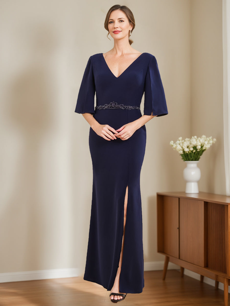 V Neck Half Sleeve Sheath Dress Moms Of Bride And Groom Side Split Appliques