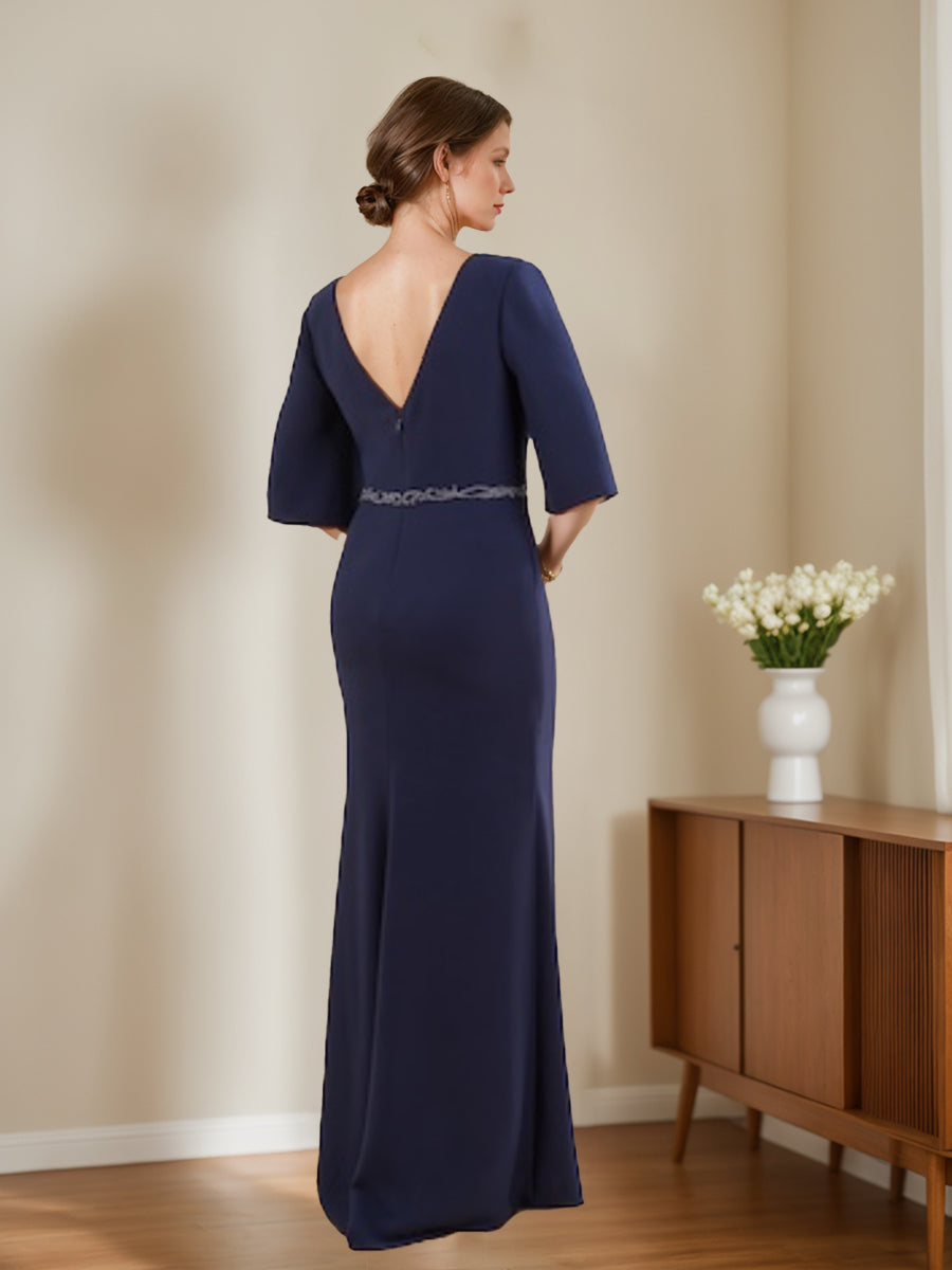 V Neck Half Sleeve Sheath Dress Moms Of Bride And Groom Side Split Appliques