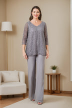 Mother of the Bride Chiffon Pantsuit with Sequins Three Quarter Sleeve V Neck