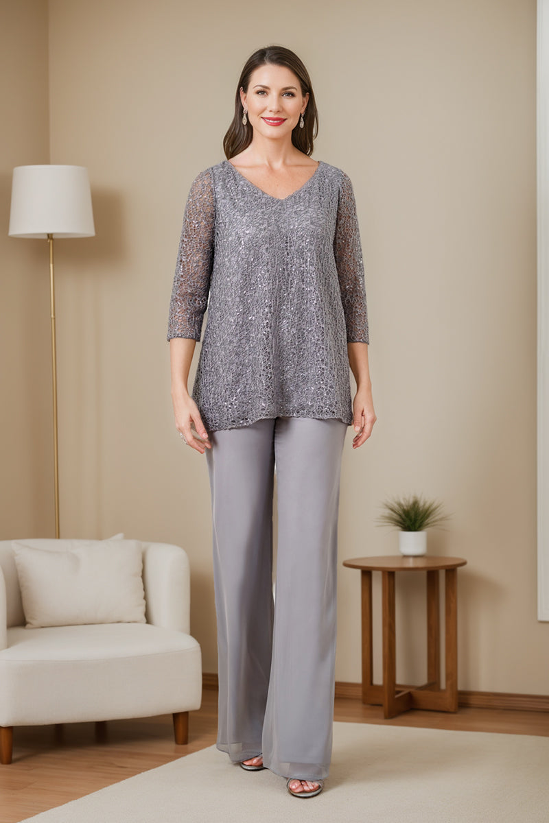 Mother of the Bride Chiffon Pantsuit with Sequins Three Quarter Sleeve V Neck