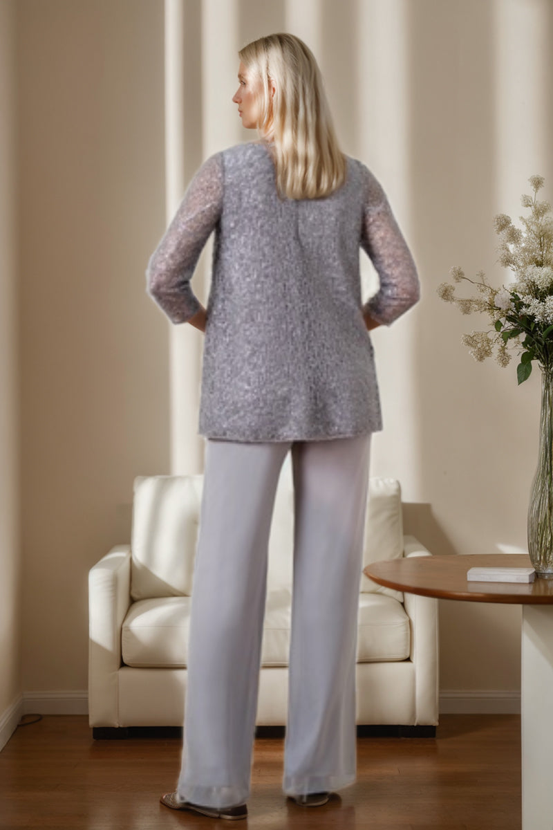 Mother of the Bride Chiffon Pantsuit with Sequins Three Quarter Sleeve V Neck