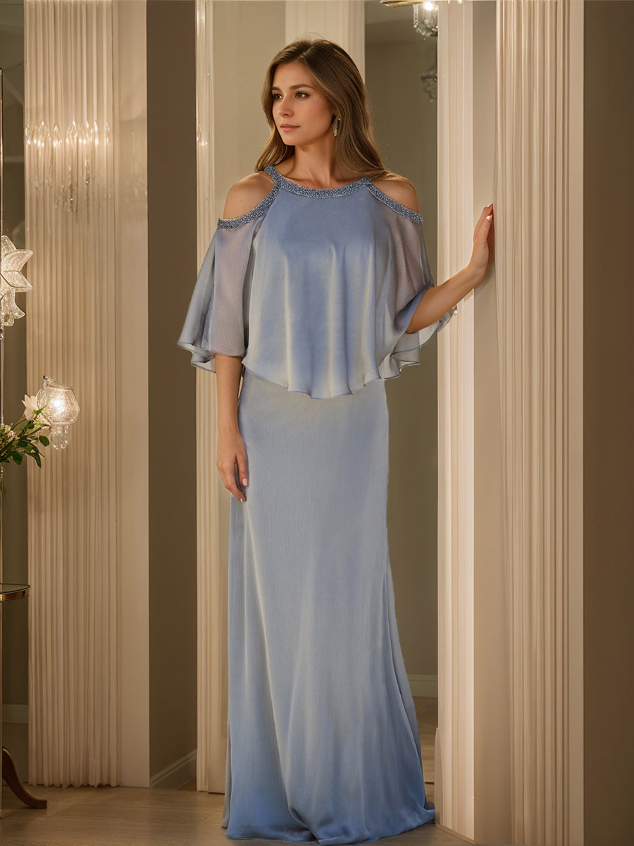 Cowl Neck Half Sleeve Sheath Dress For Mother Of The Bride Beaded Ruffles