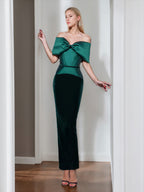 Off The Shoulder Ruched Ankle Length Sheath Dress With Bow For Mother Of Bride
