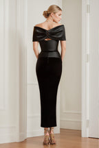 Off The Shoulder Ruched Ankle Length Sheath Dress With Bow For Mother Of Bride