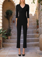 Mother of the Bride Pantsuit V Neck with Three Quarter Sleeves and Floral Belt