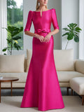 Vestido de princesa para mãe da noiva com decote redondo e meia manga e cinto laço