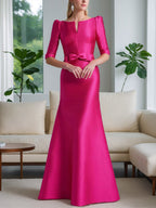 Vestido de princesa para mãe da noiva com decote redondo e meia manga e cinto laço