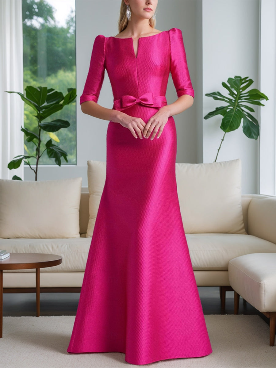 Vestido de princesa para mãe da noiva com decote redondo e meia manga e cinto laço