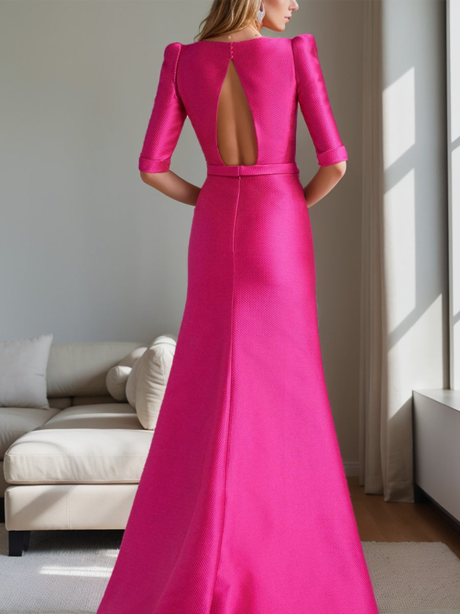 Vestido de princesa para mãe da noiva com decote redondo e meia manga e cinto laço