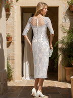 Vestido de bainha de duas peças com aplicações de renda e missangas para mãe da noiva