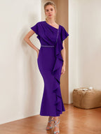 V-Neck Short-Sleeve Sheath Dress With Ruffles And Rhinestones For Mothers