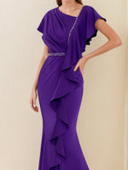 V-Neck Short-Sleeve Sheath Dress With Ruffles And Rhinestones For Mothers