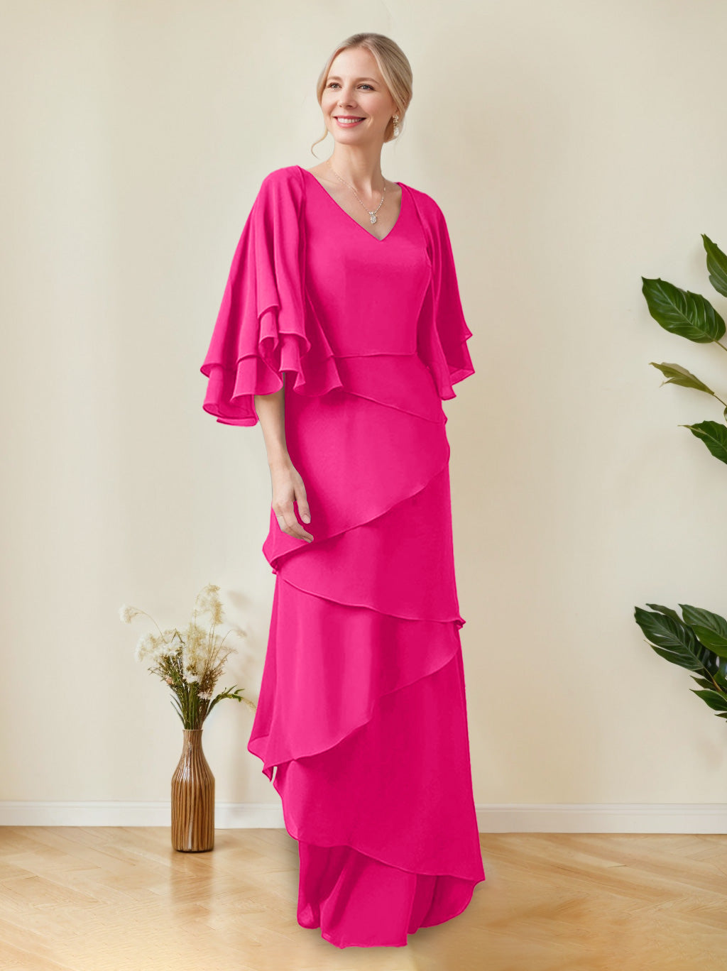 V Neck A Line Floor Length Mother Of The Bride Dress Half Sleeves Ruffles