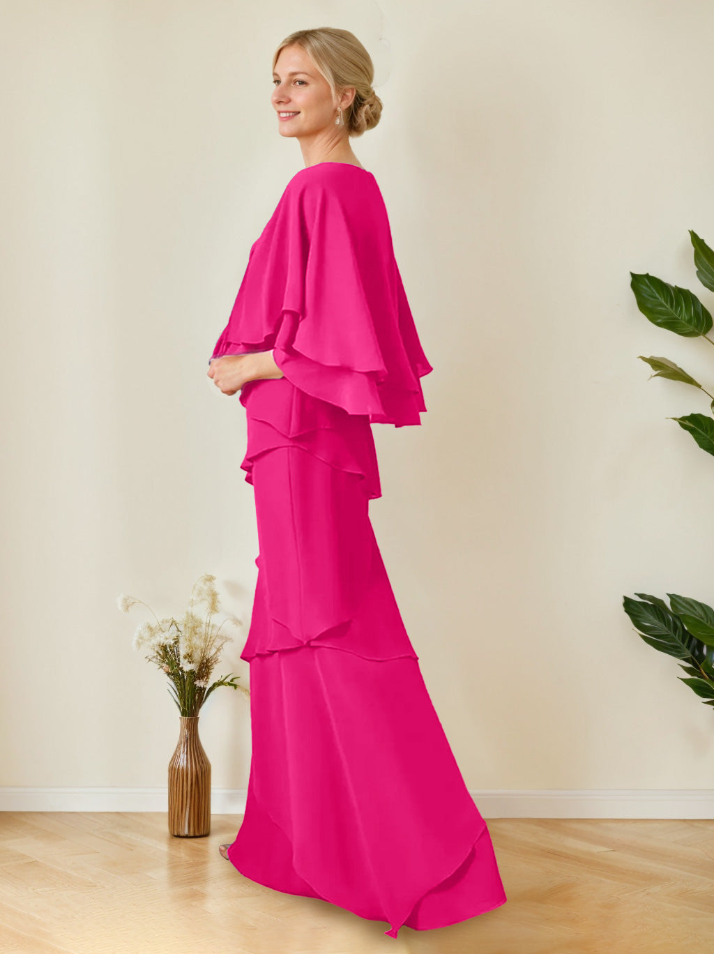 V Neck A Line Floor Length Mother Of The Bride Dress Half Sleeves Ruffles