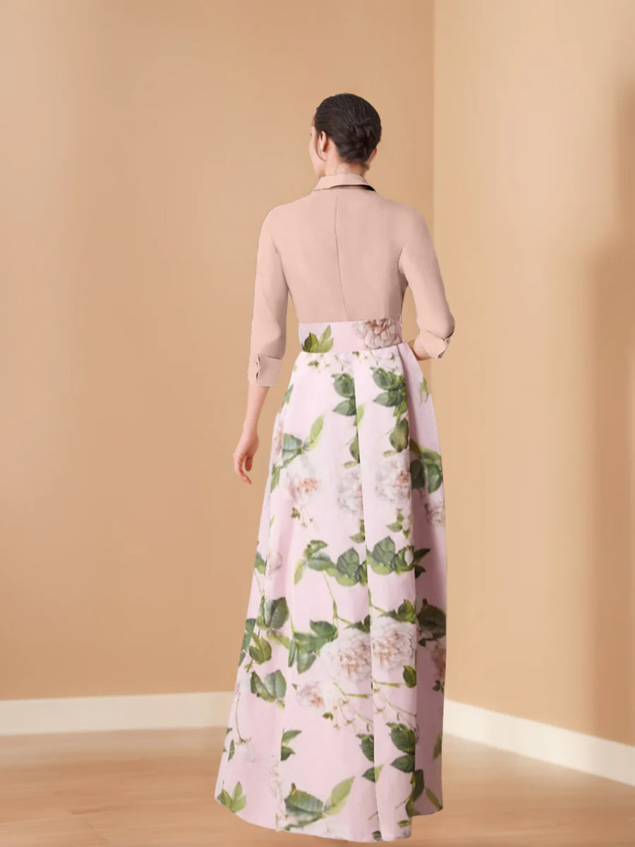 V Neck Floral Print Mother Of The Bride Dress With Bow Belt A Line