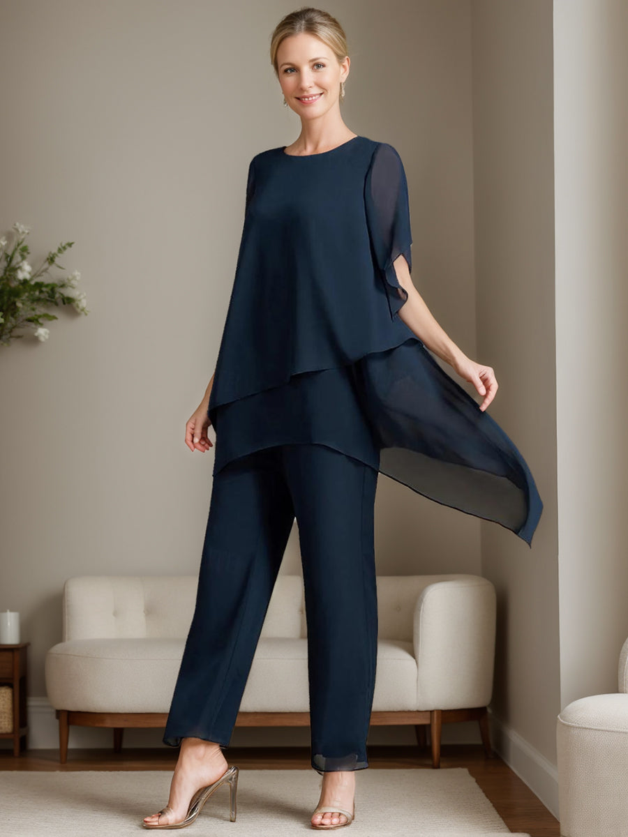 Elegant Mother Of The Bride Chiffon Pantsuit With Ruffles Round Neck