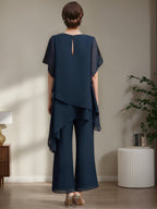 Elegant Mother Of The Bride Chiffon Pantsuit With Ruffles Round Neck
