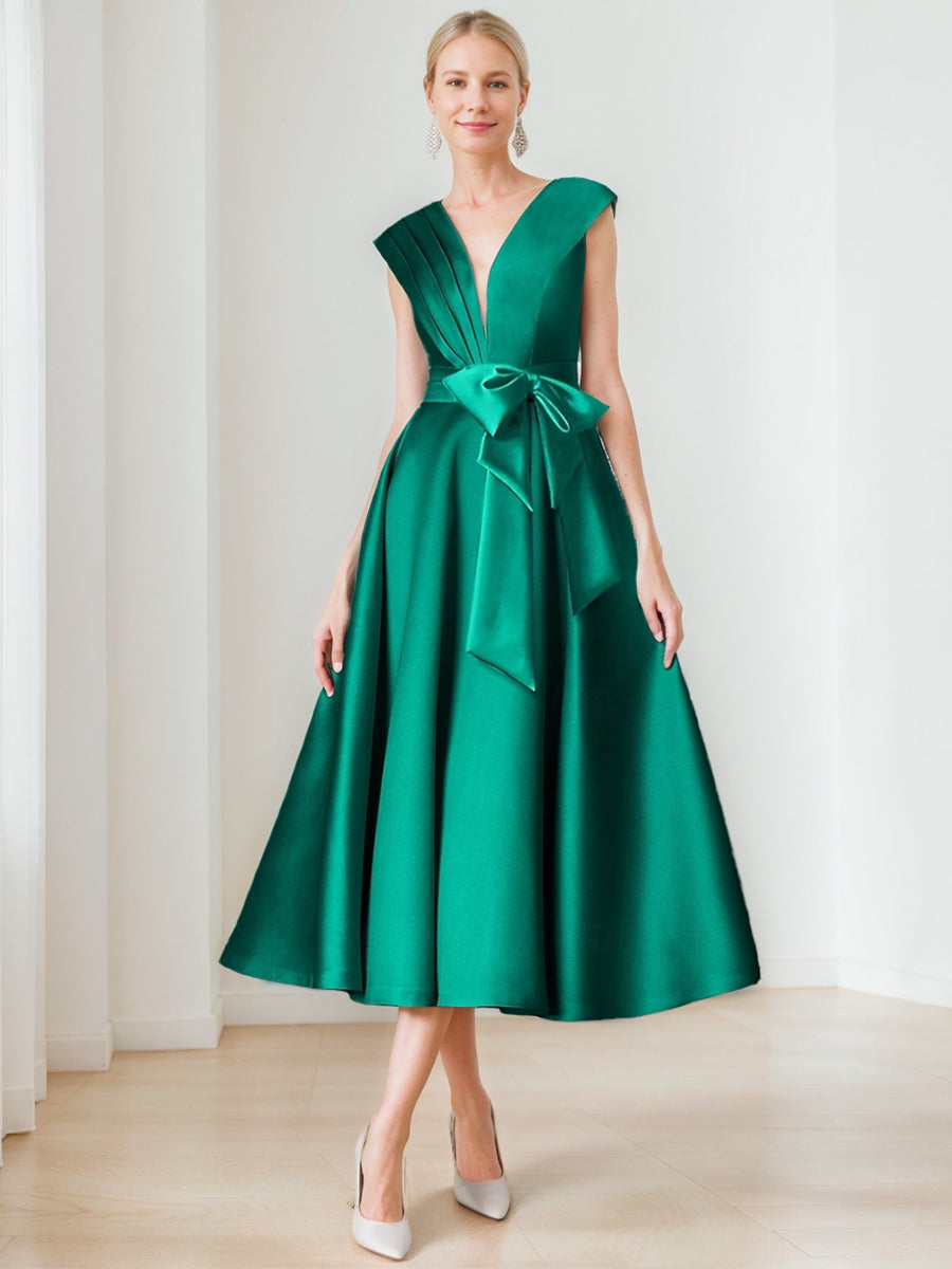 Elegant Pleated A Line V Neck Sleeveless Mothers Dress With Bow Belt And Pocket