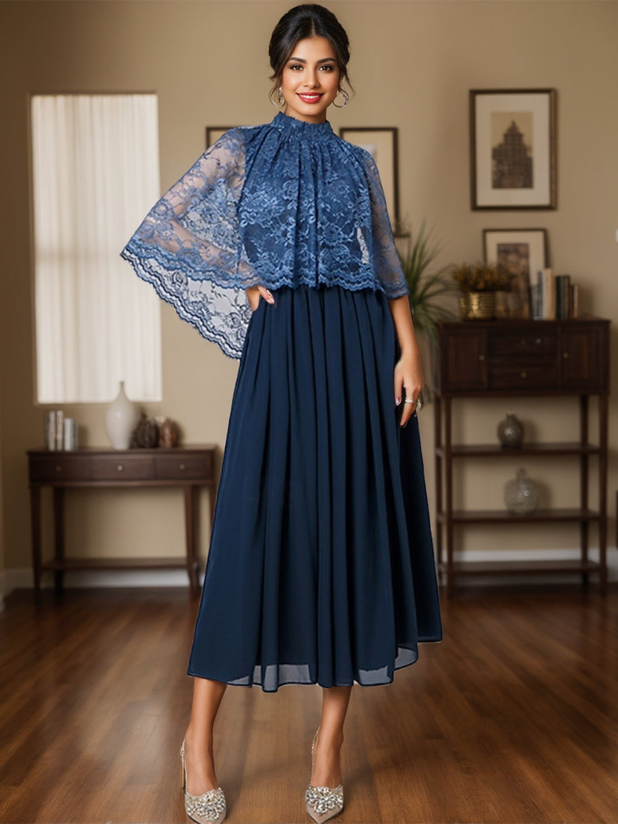 Chiffon Dress With High Neck And Lace Appliques For Mothers Of Bride And Groom