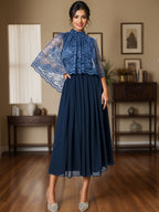 Chiffon Dress With High Neck And Lace Appliques For Mothers Of Bride And Groom