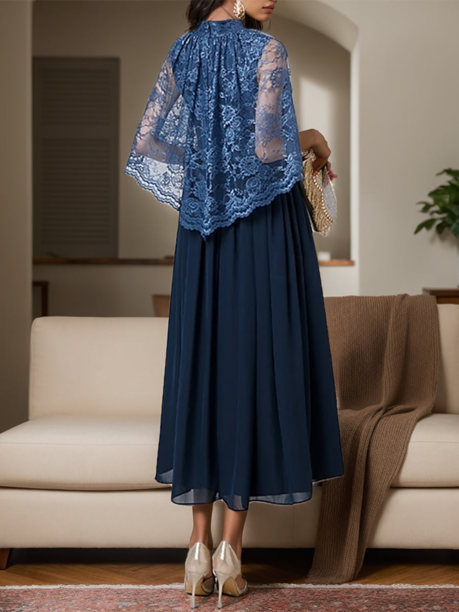 Chiffon Dress With High Neck And Lace Appliques For Mothers Of Bride And Groom