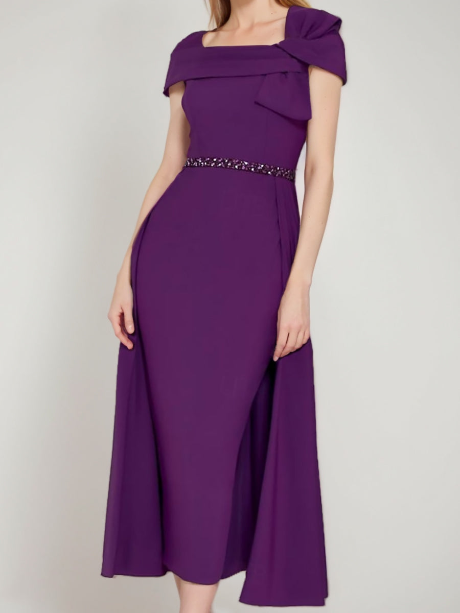 Square Neck Formal Mother Of The Bride And Groom Sheath Dress With Bow Belt
