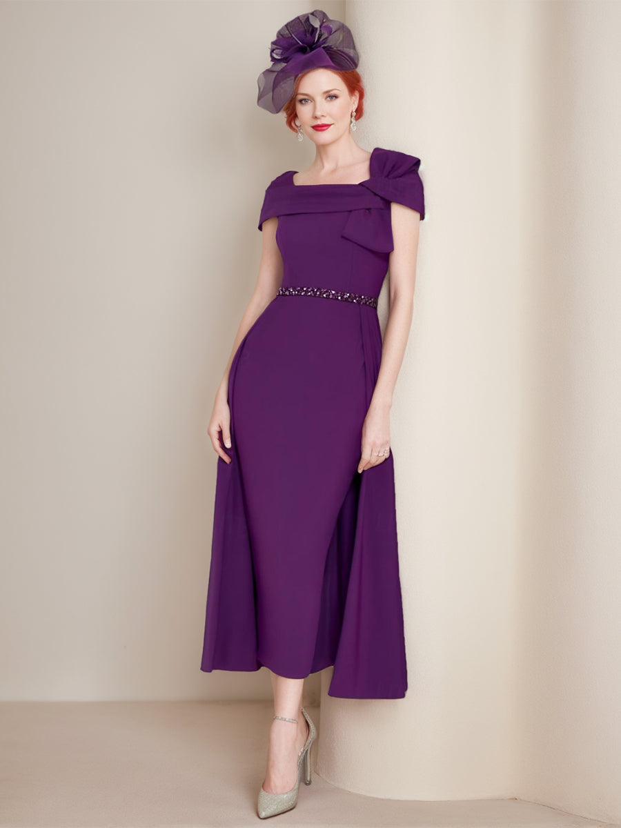 Square Neck Formal Mother Of The Bride And Groom Sheath Dress With Bow Belt