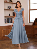 V Neck A Line Short Sleeve Ankle Length Lace Appliques Dress For Mother Of The Bride