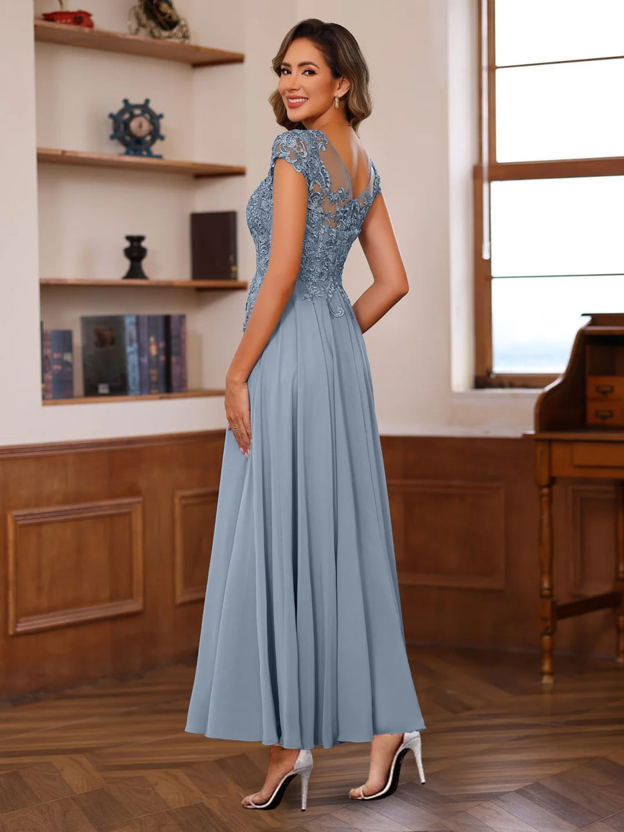 V Neck A Line Short Sleeve Ankle Length Lace Appliques Dress For Mother Of The Bride