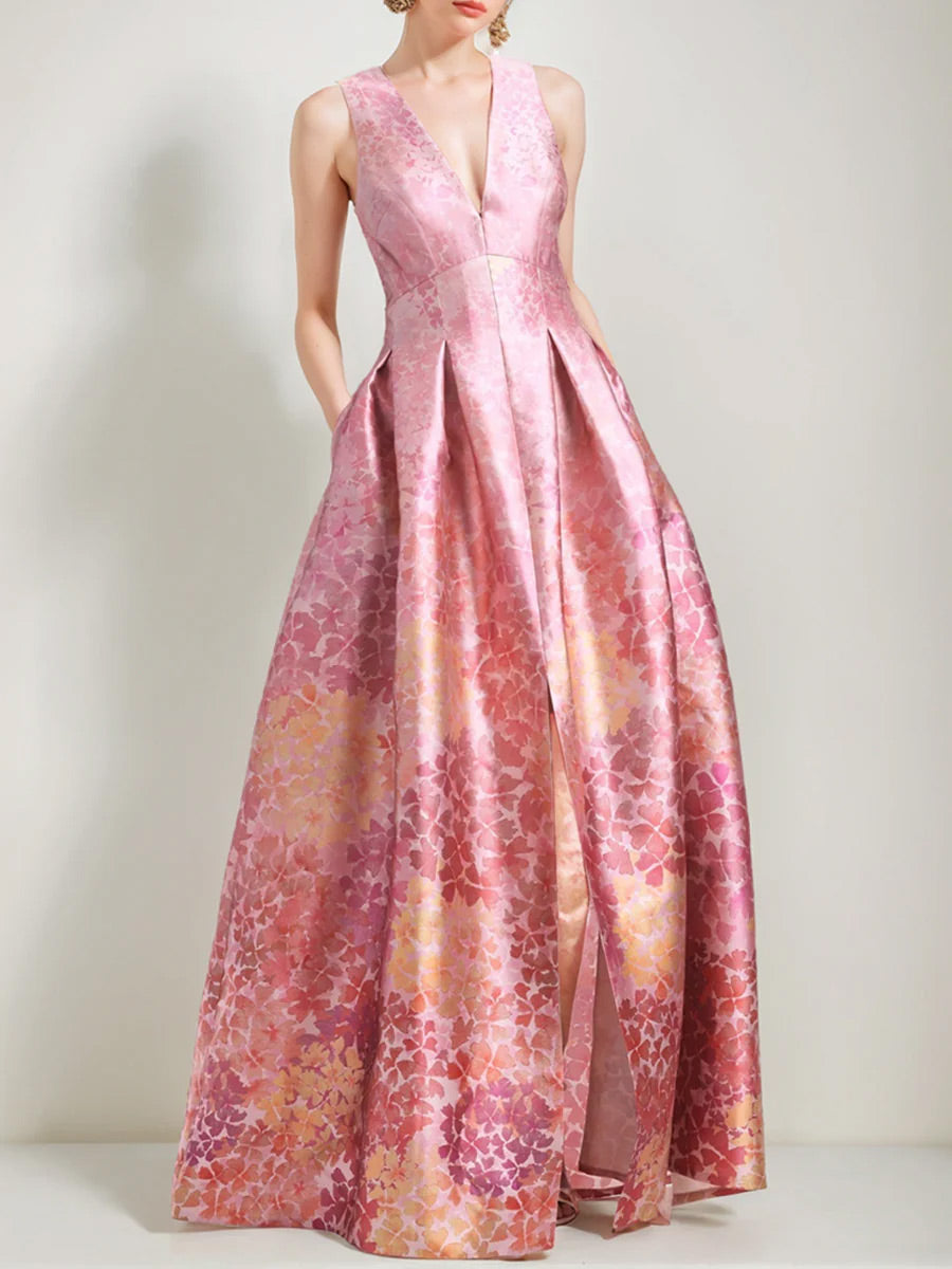 V-Neck Sleeveless Floral Printed A-Line/Princess Mother of the Bride & Groom Dress with High Split and Pocket