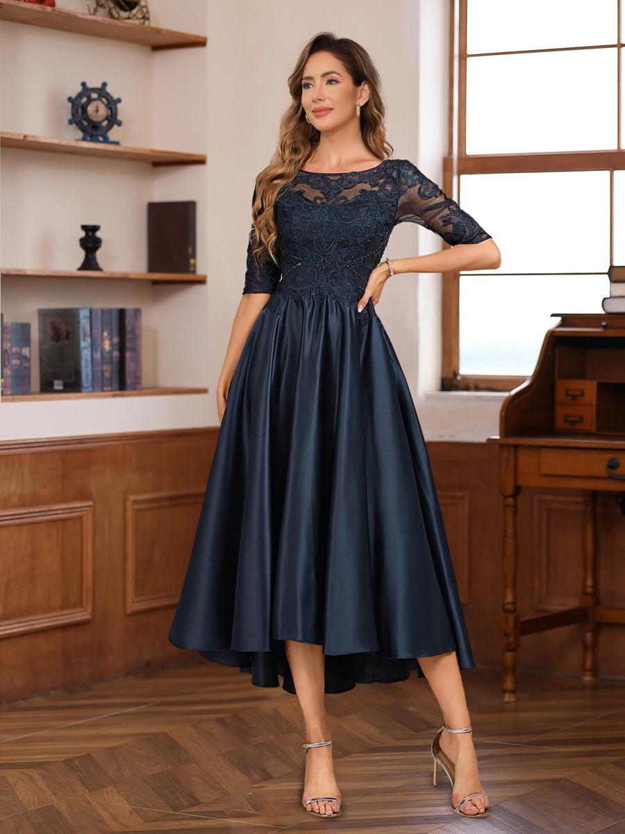 Asymmetrical A-Line Lace Gown With Scoop Neck For Mothers Of The Bride And Groom