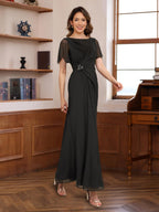 Pleated A Line Mother Of Bride And Groom Dress With Scoop Neck Beaded Sleeves