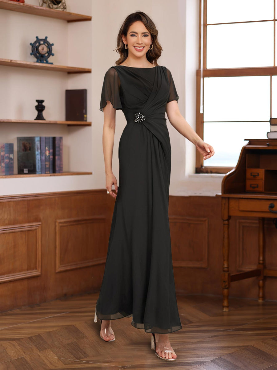 Pleated A Line Mother Of Bride And Groom Dress With Scoop Neck Beaded Sleeves