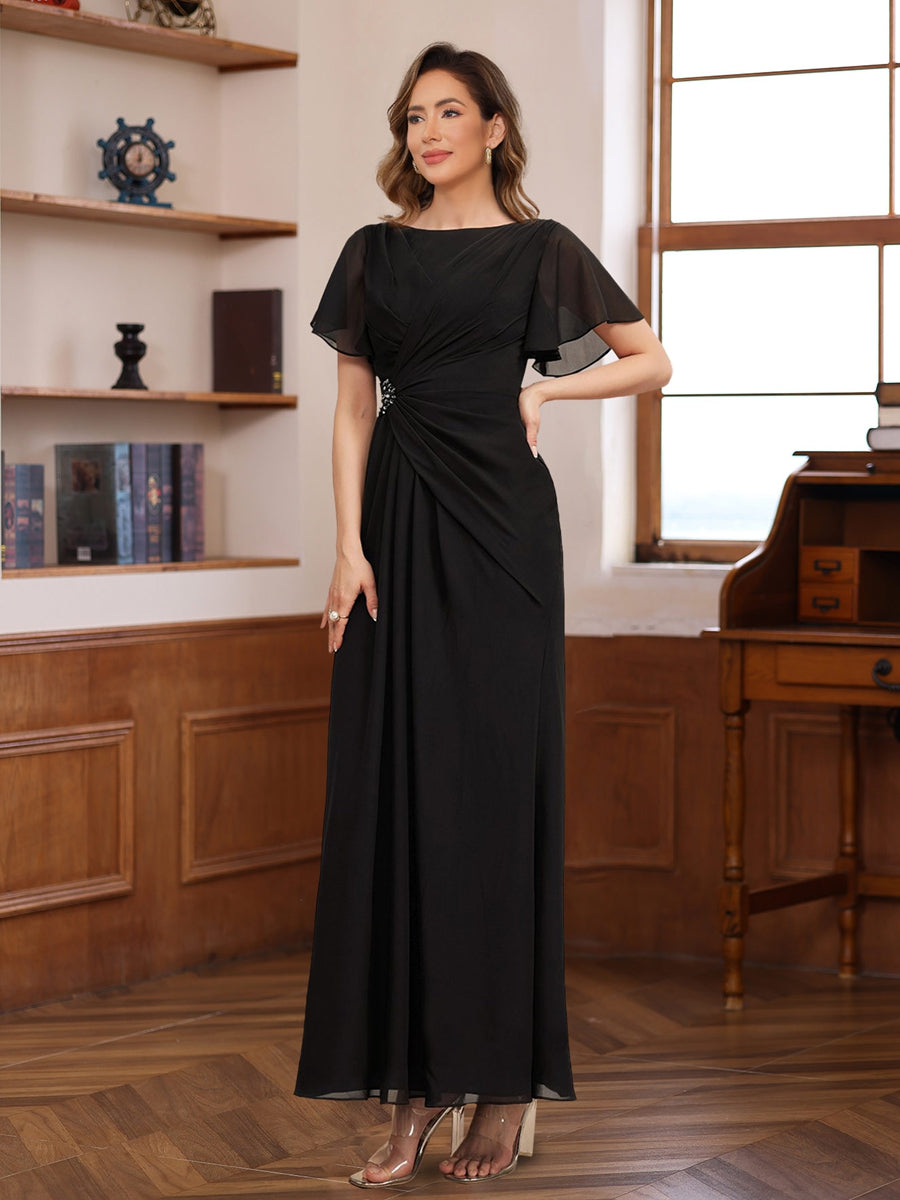 Pleated A Line Mother Of Bride And Groom Dress With Scoop Neck Beaded Sleeves