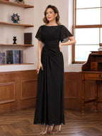 Pleated A Line Mother Of Bride And Groom Dress With Scoop Neck Beaded Sleeves