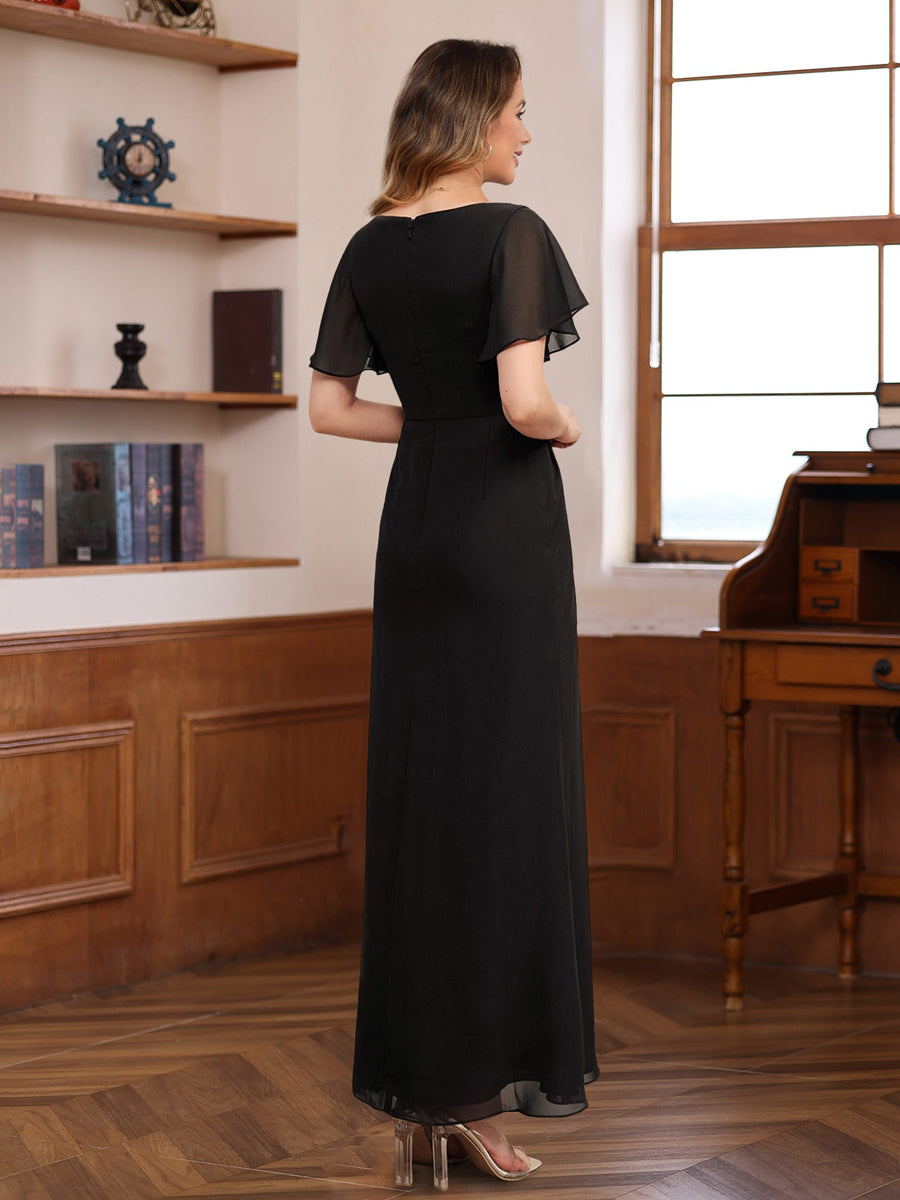 Pleated A Line Mother Of Bride And Groom Dress With Scoop Neck Beaded Sleeves