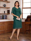 Knee V-Neck A-Line Dresses With Sequin Jacket For Mothers Of Bride And Groom