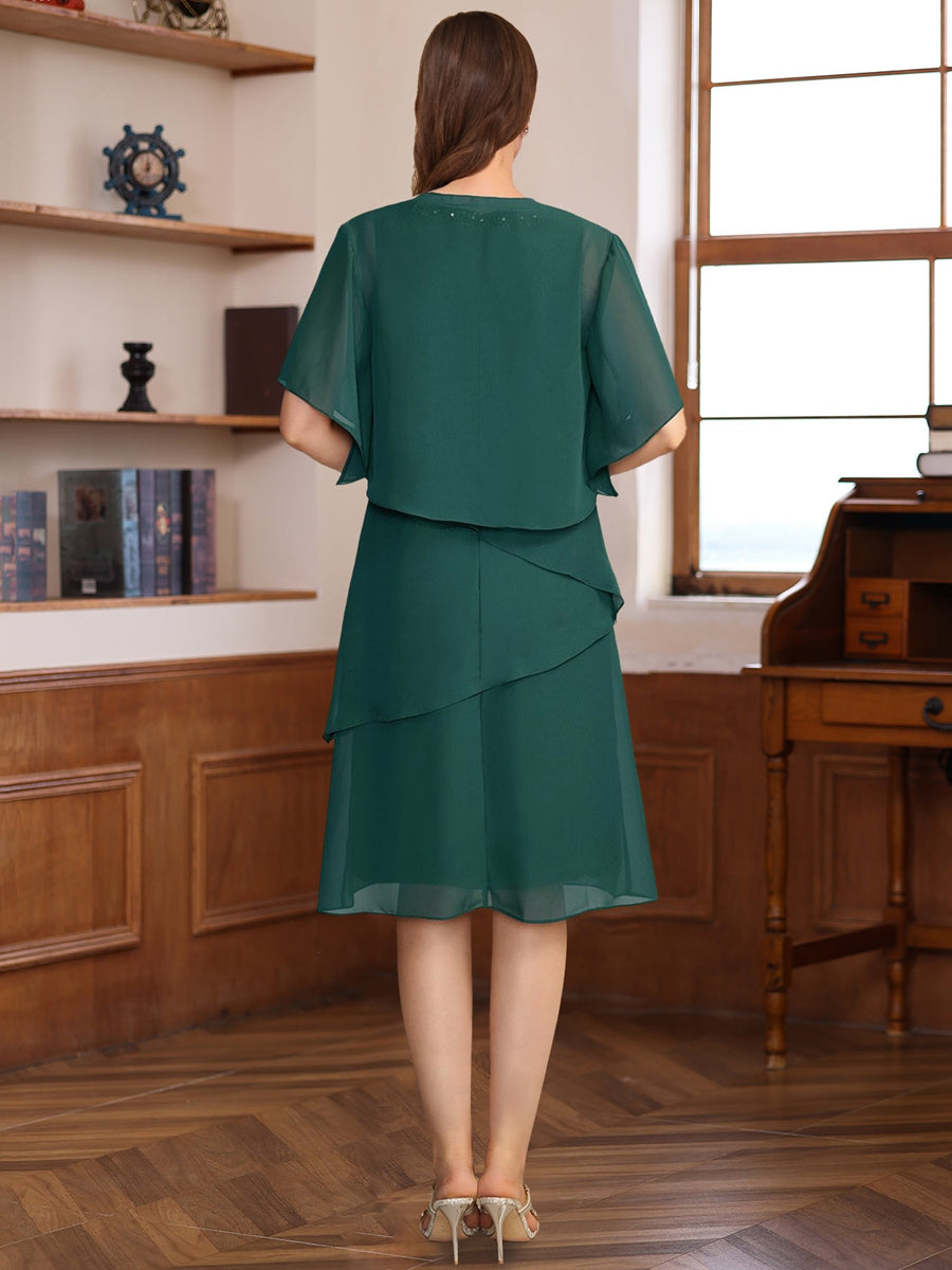 Knee V-Neck A-Line Dresses With Sequin Jacket For Mothers Of Bride And Groom