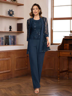 3 Piece Floor Length Chiffon Sequin Pantsuit for Mother of the Bride