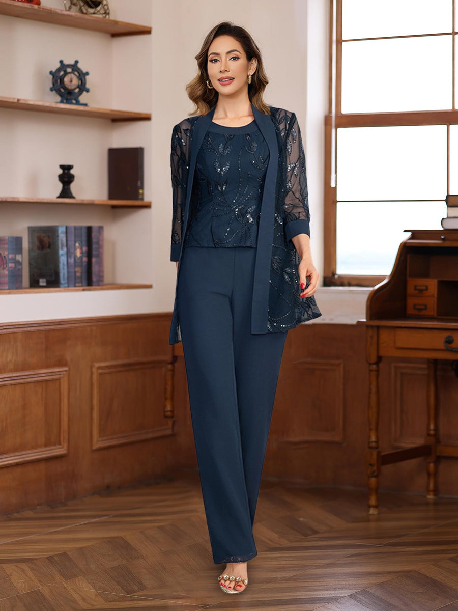 3 Piece Floor Length Chiffon Sequin Pantsuit for Mother of the Bride