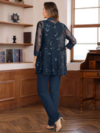 3 Piece Floor Length Chiffon Sequin Pantsuit for Mother of the Bride