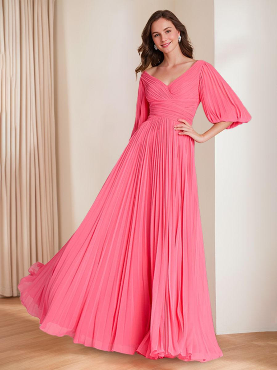 V Neck A Line Floor Length Mother Of The Bride Dress With Ruffles And Sleeves