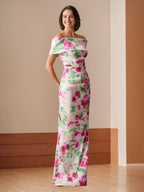 Off Shoulder Floor Length Floral Ruching Sheath Dress For Mother Of The Bride