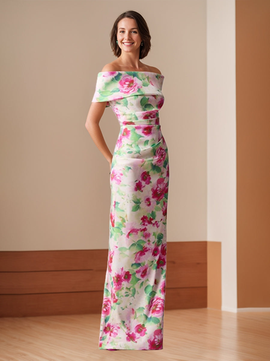 Off Shoulder Floor Length Floral Ruching Sheath Dress For Mother Of The Bride