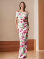 Off Shoulder Floor Length Floral Ruching Sheath Dress For Mother Of The Bride