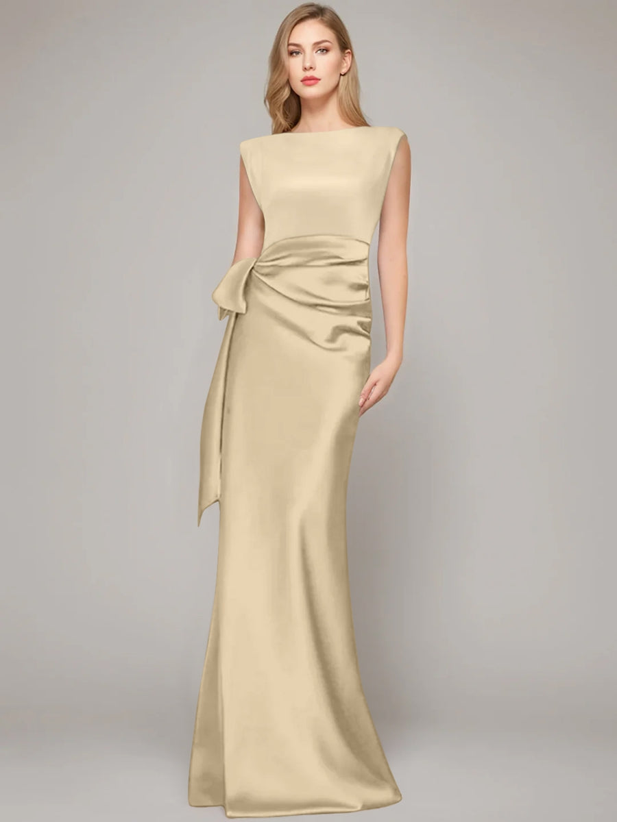 Floor Length Sleeveless Mother Of The Bride Dress With Bow And Shoulder Pad